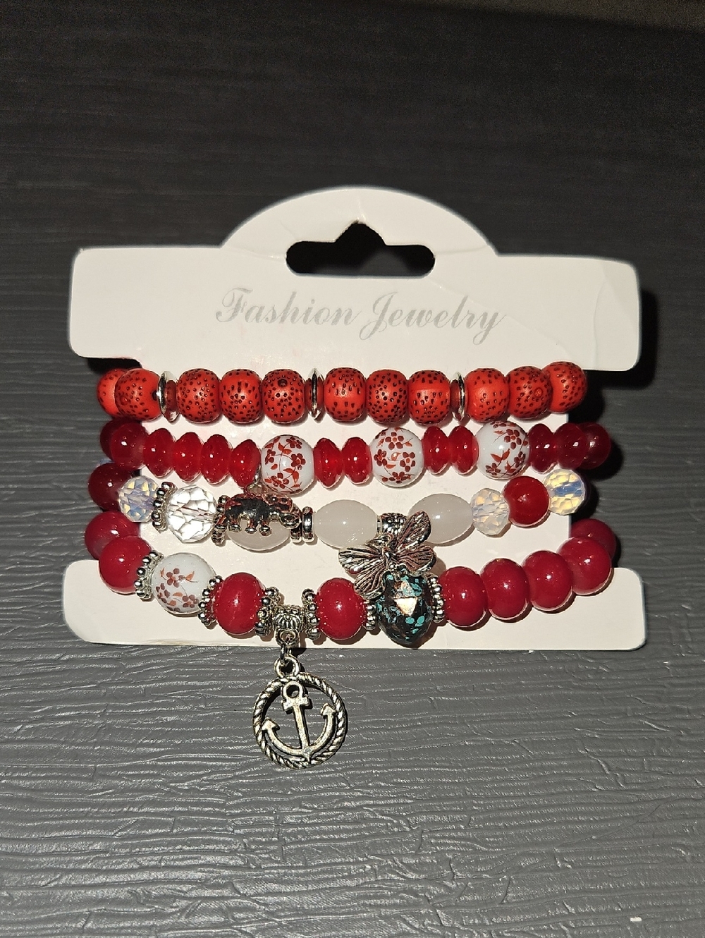 Red Beaded Stack Bracelet Set with Anchor Charm - Fashion Jewelry